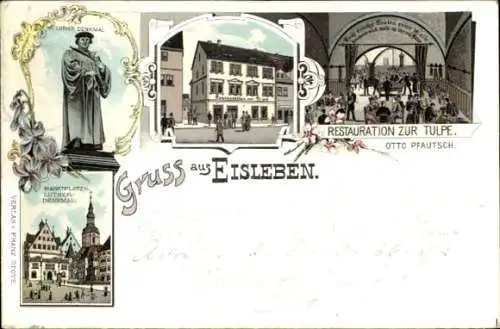 Litho Lutherstadt Eisleben, Restauration zur Tulpe, Luther-Denkmal, Marktplatz