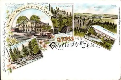 Litho Jocketa Pöhl Vogtland, Hotel zur Vogtländischen Schweiz, Triebtal, Elstertalbrücke