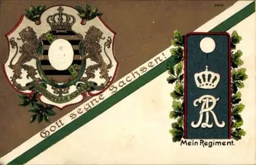 Präge Wappen Ak Gott segne Sachsen, Schulterklappe, Mein Regiment