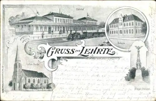 Litho Lehrte in Niedersachsen, Bahnhof, Dampflok, Schule, Lutherkirche, Kriegerdenkmal