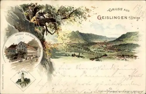 Litho Geislingen an der Steige in Baden Württemberg, Gasthof zur Sonne, Ödturm, Landschaftspanorama