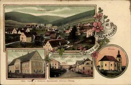 Ak Hermsdorf im Erzgebirge, Gasthaus, Mitteldorf, Schule, Kirche