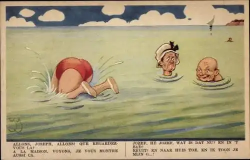 Künstler Ak Scheuermann, Willi, Tauchende Frau, Mann schaut auf den Po