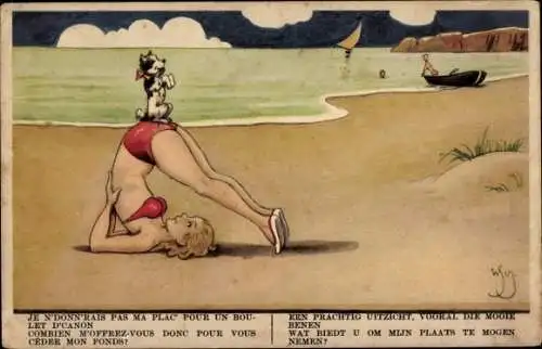 Künstler Ak Scheuermann, Willi, Frau turnt im Bikini am Strand