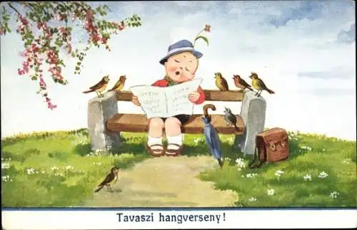 Künstler Ak Wills, John, Singender Junge auf einer Bank, Vögel