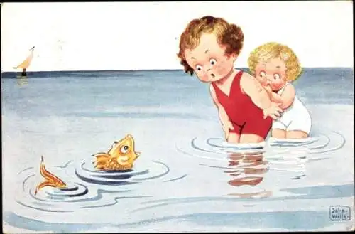 Künstler Ak Wills, John, Kinder in Badeanzügen im Wasser, Fisch