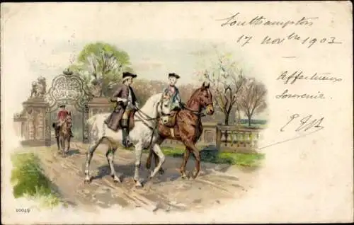 Litho Liebespaar zu Pferden, Ausritt, Tor