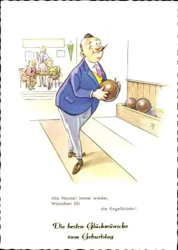Künstler Ak Glückwünsch Geburtstag, Kegler mit Zigarre