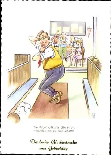 Künstler Ak Glückwünsch Geburtstag, Kegelbahn, Menschen beim Kegeln
