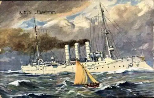 Künstler Ak Deutsches Kriegsschiff, SMS Hamburg, kleiner Kreuzer, Kaiserliche Marine