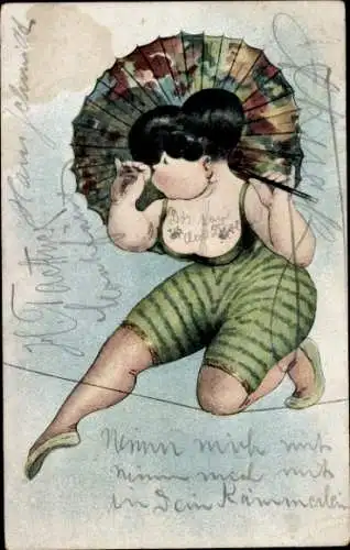 Litho Seiltanz, Frau in grünem Kostüm, Schirm, Zirkus