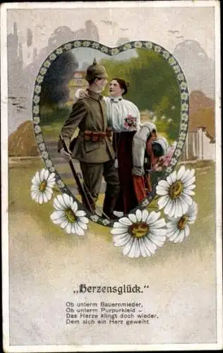 Ak Soldat mit Frau, Liebespaar, Herzensglück, Margeriten