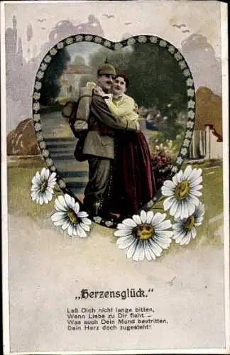 Ak Soldat mit Frau, Liebespaar, Herzensglück, Margeriten