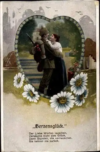 Ak Soldat mit Frau, Liebespaar, Herzensglück, Margeriten