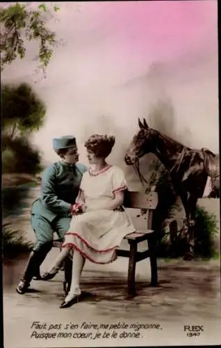 Ak Soldat mit geliebter Frau, Liebespaar, Pferd