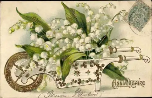 Präge Litho Maiglöckchen in der Schubkarre, Kitsch