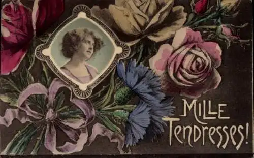 Ak Blumenstrauß, Rosen, Portrait einer Frau