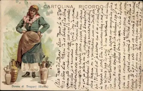 Litho Sizilien, Frau in italienischer Tracht, Wasserkrug