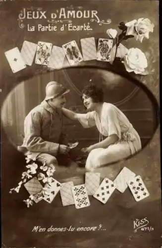 Ak Liebespaar, Soldat und Frau, Spielkarten, Rosen