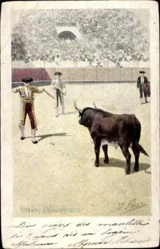 Künstler Litho Stierkampf, Kampfarena, Torero, Messer