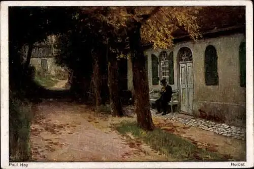 Künstler Ak Hey, P., Herbst, Straße, Mann auf der Sitzbank