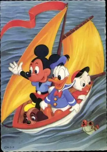 Ak Micky Maus, Donald Duck, Segelboot, Walt Disney