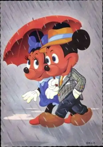 Ak Disney, Mickey Maus, Minnie, Regnerisches Wetter