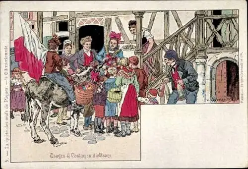 Künstler Litho Kauffmann, Im Elsass, Elsässer Tracht, Ostern, Ostereier, Esel