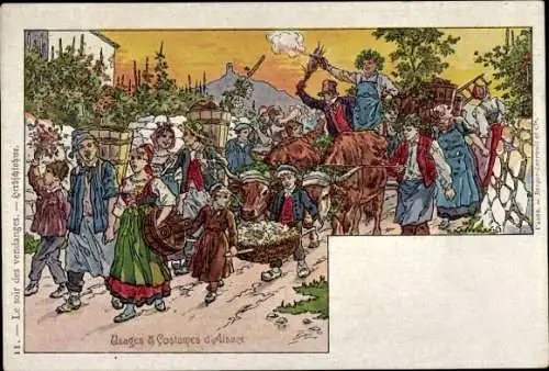 Künstler Litho Kauffmann, Elsässer Bräuche und Trachten, Erntefestzug