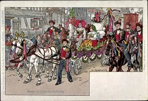 Künstler Litho Kauffmann, Elsässer Bräuche und Trachten, Festzug, Kutsche