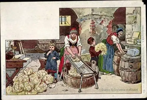 Künstler Litho Kauffmann, Elsässer Bräuche und Trachten, Küche, Sürkrut