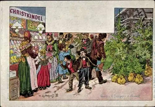 Künstler Litho Kauffmann, Elsässer Bräuche und Trachten, Weihnachtsmarkt, Marktstand