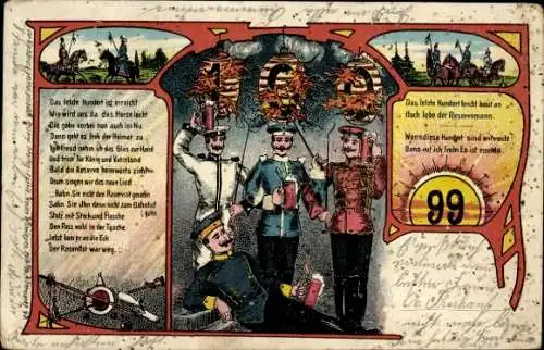 Litho Reservisten mit Bierkrügen, Das letzte Hundert ist erreicht