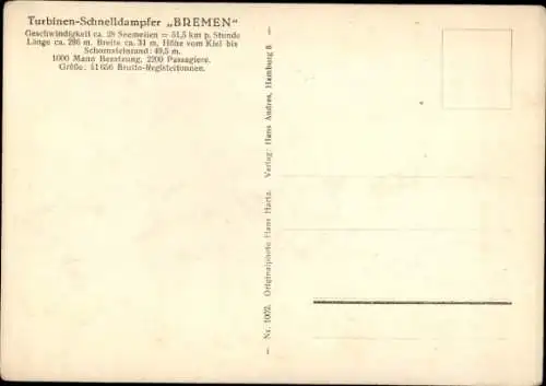 Ak Turbinenschnelldampfer Bremen, Norddeutscher Lloyd