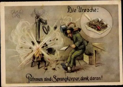 Künstler Ak Geilfus, H., Patronen sind Sprengkörper, Explosion im Ofen, Lustige Jägerfibel