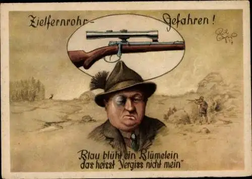 Künstler Ak Geilfus, H., Zielfernrohrgefahren, Blau blüht ein Blümelein, Lustige Jägerfibel