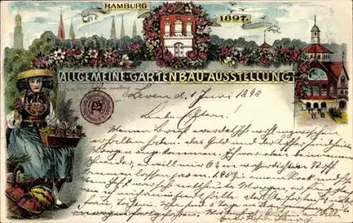 Litho Hamburg, Allg. Gartenbau Ausstellung 1897, Hauptausstellungsgebäude, Vierländerin, Wappen