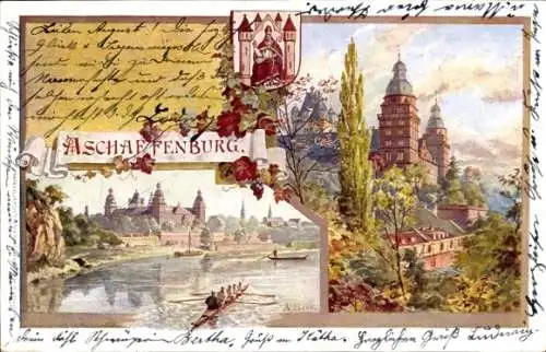 Künstler Ak Hock, A., Aschaffenburg Unterfranken, Schloss mit Flusspartie und Wappen