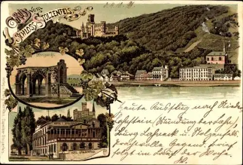 Litho Koblenz in Rheinland Pfalz, Blick auf das Schloss Stolzenfels, Königsstuhl, Hotel