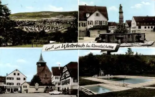 Ak Winterbach im Remstal Württemberg, Totale, Brunnen, Schwimmbad, Marktplatz
