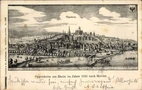 Künstler Ak Merian, Oppenheim am Oberrhein, Gesamtansicht im Jahre 1645, Wappen