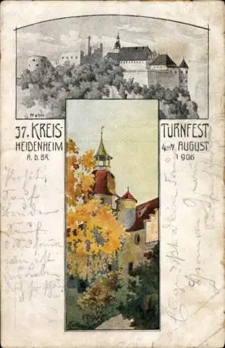 Künstler Ak Heidenheim an der Brenz Württemberg, Schloss, 37. Kreis Turnfest, 4.-7. August 1906