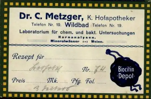 Ak Bad Wildbad im Schwarzwald, Reklame Biocitin Depot, Dr. C. Metzger, K. Hofapotheker, Harnanalysen