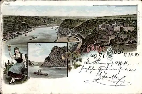 Litho St. Goar am Rhein, Blick auf den Ort, Loreley