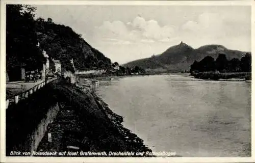 Ak Bad Honnef am Rhein, Blick von Rolandseck auf Insel Grafenwerth, Drachenfels, Rolandsbogen