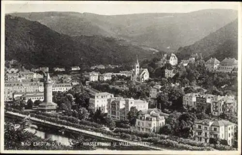 Ak Bad Ems an der Lahn, Teilansicht, Wasserturm, Villenviertel