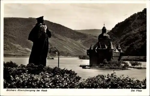 Ak Caub Kaub am Rhein, Burg Pfalzgrafenstein, Pfalz, Blücher-Denkmal