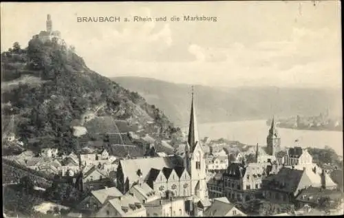 Ak Braubach am Rhein, Teilansicht, Marksburg, Kirche