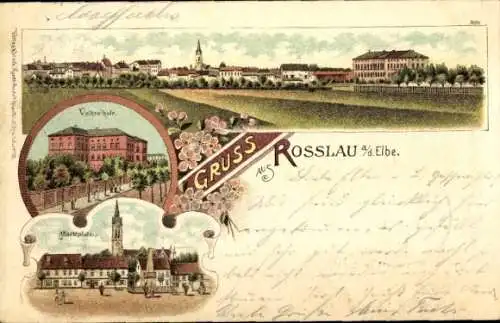 Litho Roßlau an der Elbe Anhalt, Panorama, Volksschule, Marktplatz, Kirche