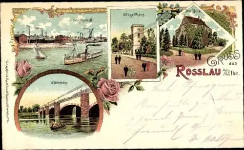 Litho Roßlau an der Elbe Anhalt, Schiffswerft, Elbzollhaus, Burg, Elbbrücke